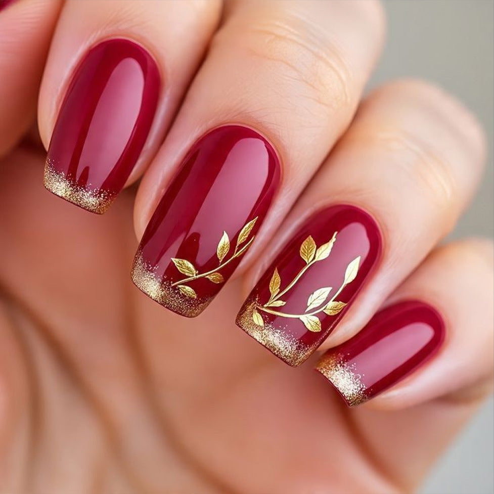 24pcs/Set Red Glitter Branches and Leaves Press-On Nails
