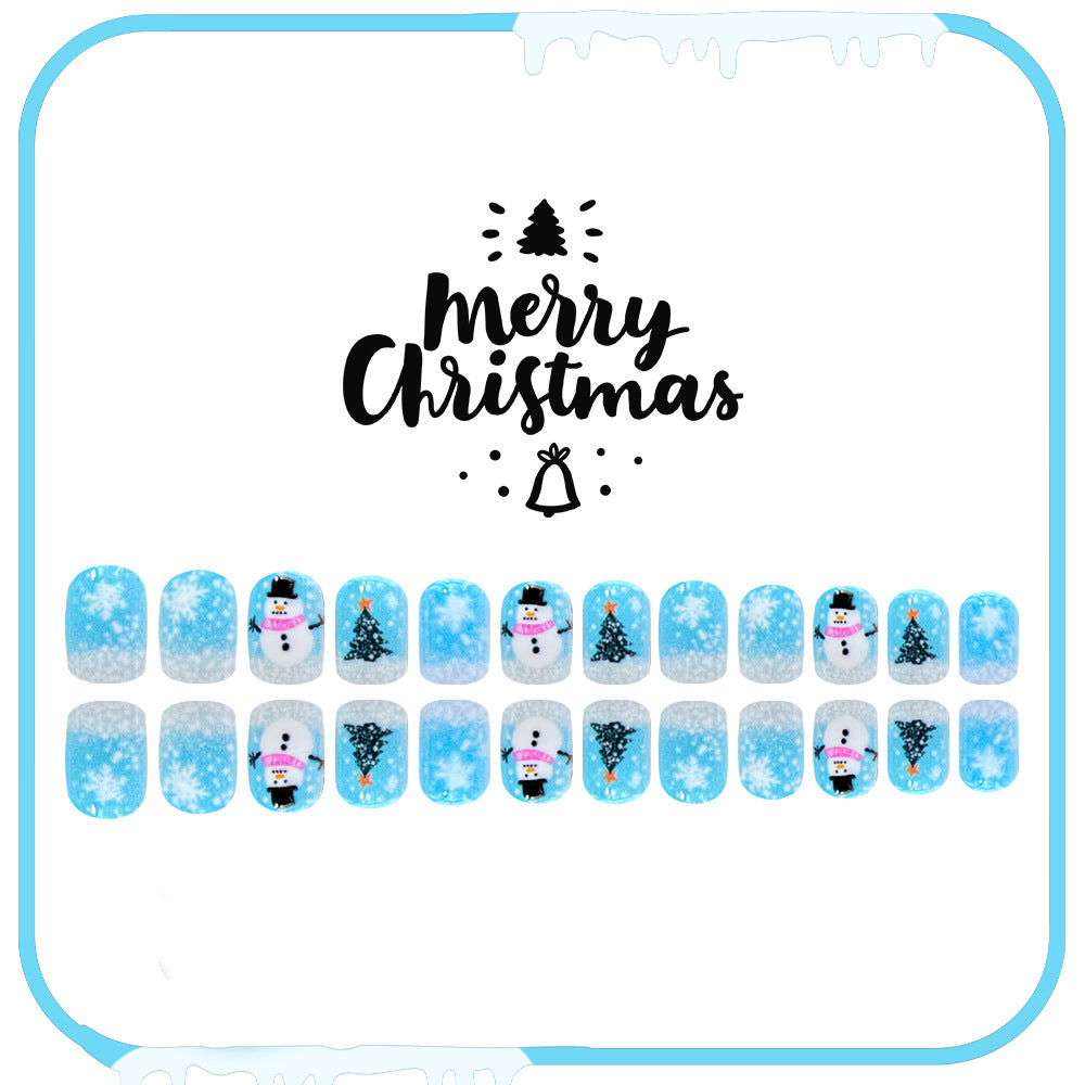 24pcs/Set Blue Snowman, Snowflake & Christmas Tree Press-On Nails