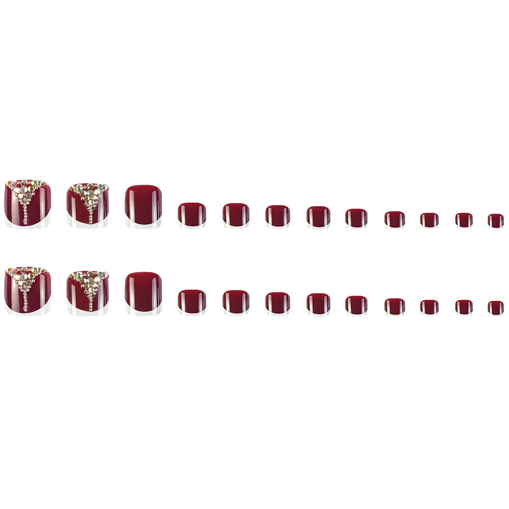 24pcs/Set Burgundy Sparkling Diamonds Press On Toe Nails