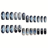 24pcs/Set Black Starry Sky with Moon & Stars Press-On Nails