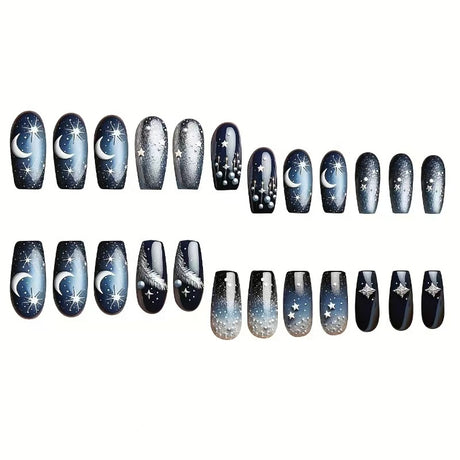 24pcs/Set Black Starry Sky with Moon & Stars Press-On Nails