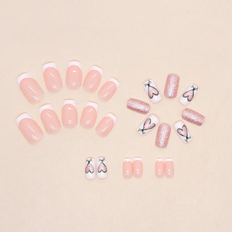 24pcs/Set Sparkling Heart Design White French Tip Press-On Nails