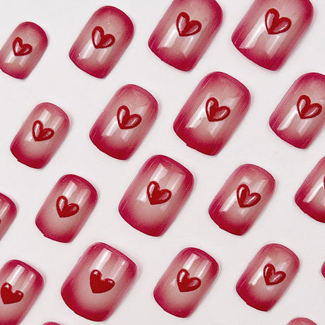 24pcs/Set Red Embossed Hearts Short Press On Nails