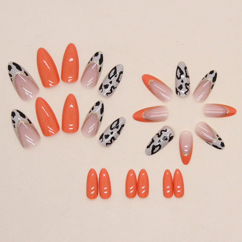 24pcs/Set Orange French Glitter Leopard Press-On Nails