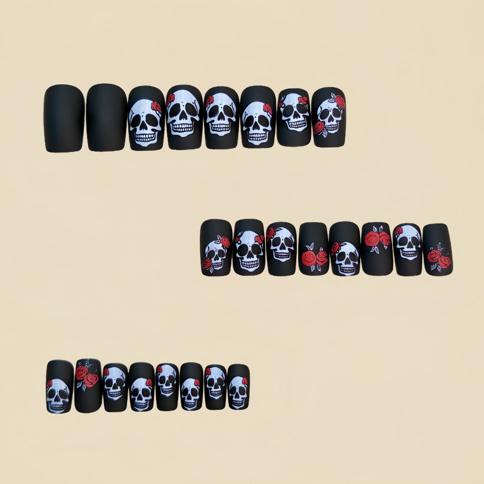 24pcs/Set Halloween Black Skull Rose Press-On Nails