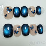 (Handmade) 10pcs/Set Blue Butterfly Cat Eye Press-On Nails