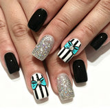 24pcs/Set Black and White Stripes with Blue Bow Press-On Nails