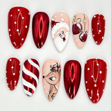 (Handmade) 10pcs/Set Santa, Reindeer and Holiday Ornaments Press On Nails