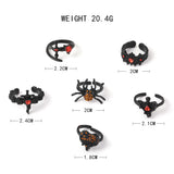 6pcs/Set Gunmetal Black Spider Heart Rhinestone Adjustable Ring Set