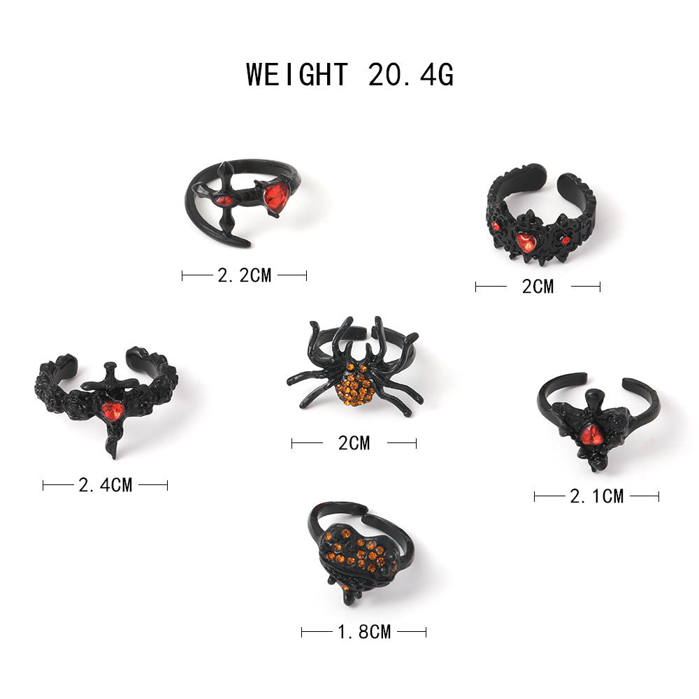6pcs/Set Gunmetal Black Spider Heart Rhinestone Adjustable Ring Set