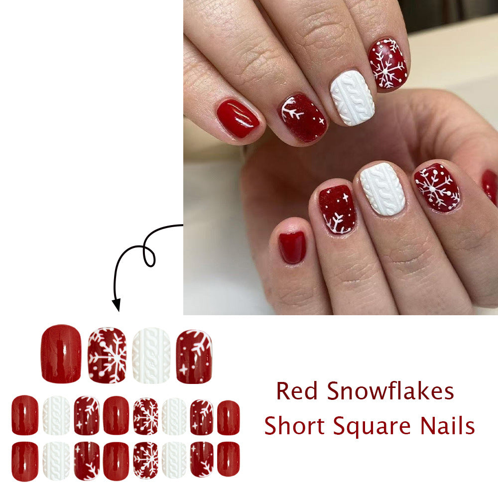 24pcs/Set Christmas Snowflake Red Short Press On Nails