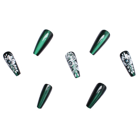 24pcs/Set Green Cat Eye with White Flowers Press-On Nails