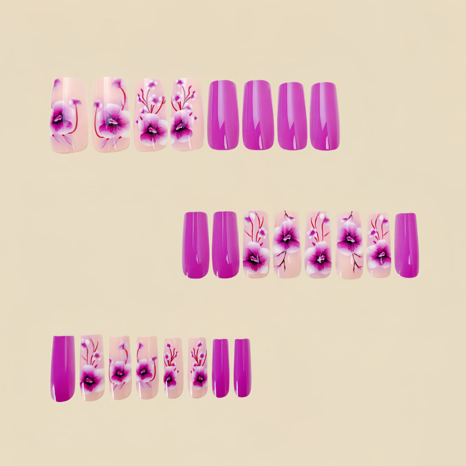 24pcs/Set Purple Flowers Press-On Nails