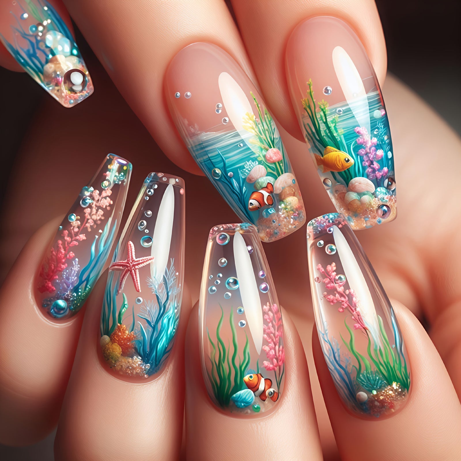 24pcs/Set Underwater World Marine Creatures Press-On Nails