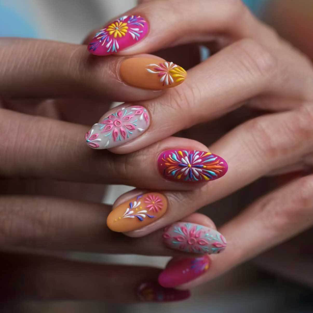 24pcs/Set Vibrant Color Clash & 3D Florals Press-On Nails
