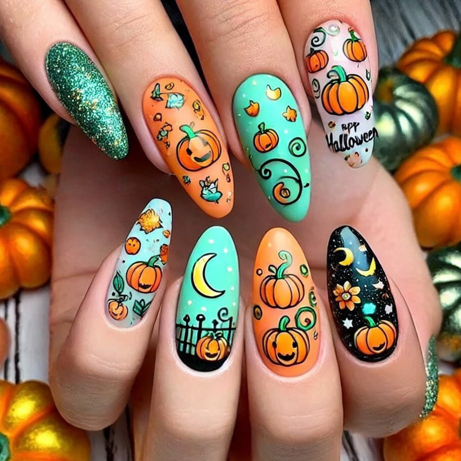 24pcs/Set Playful Pumpkin & Moon Halloween Press-On Nails