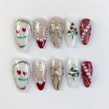 (Handmade) 10pcs/Set Christmas Silver Bow Hand-Painted Cherry Press-On Nails