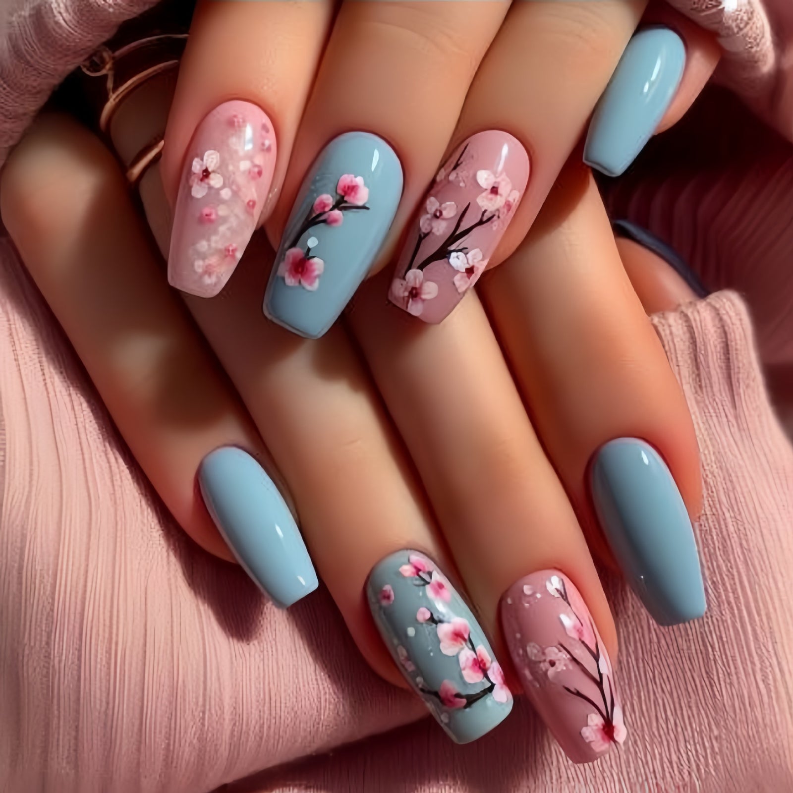 24pcs/Set Pink & Blue Flowers Press-On Nails