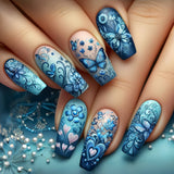 24pcs/Set Blue Butterfly Flower Press-On Nails