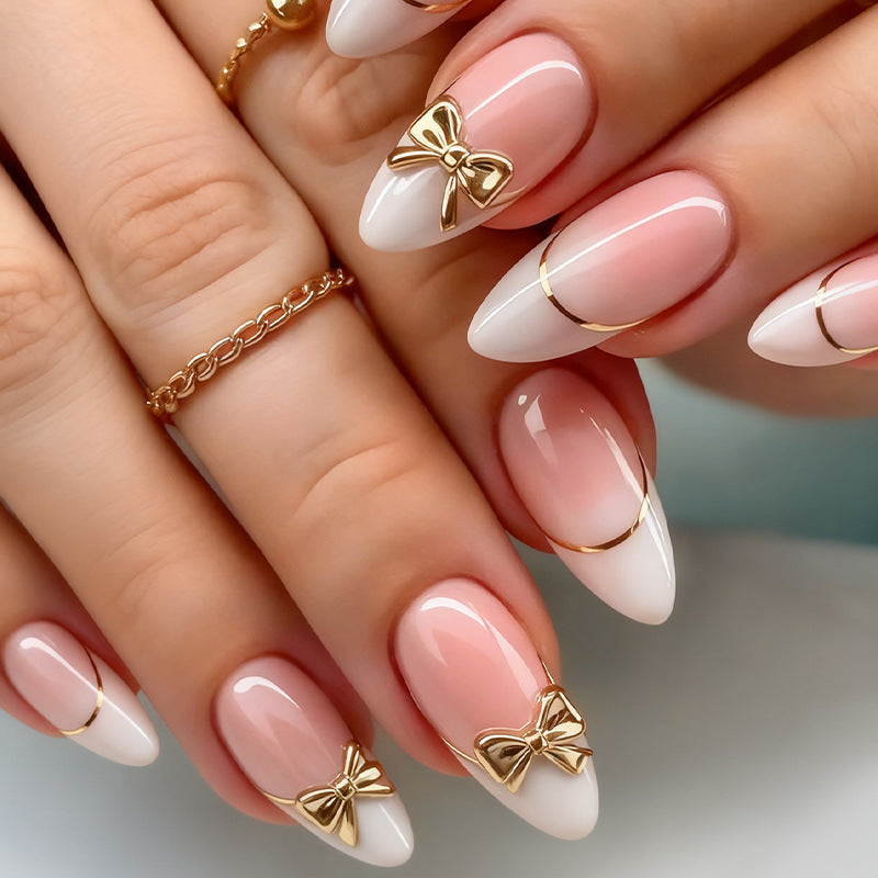24pcs/Set French White Tips with Gold Bow Press-On Nails