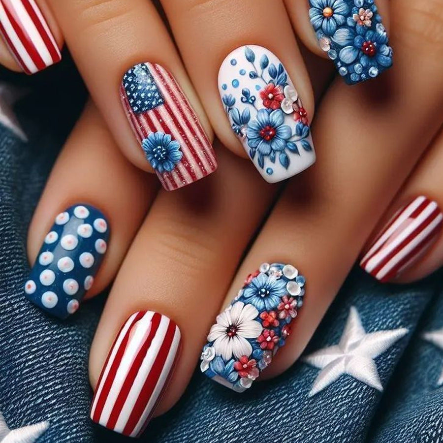 24pcs/Set Independence Day Flag Floral Press-On Nails
