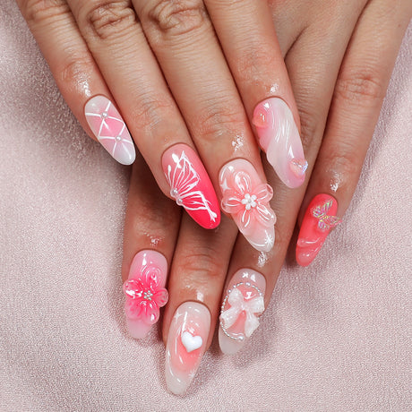 (Handmade) 10pcs/Set 3D Butterfly Wings with Icy Flowers Press-On Nails