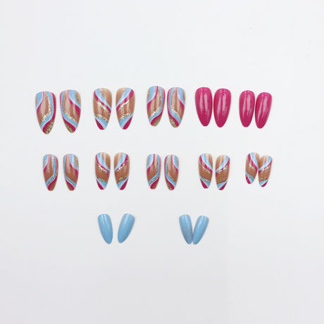 24pcs/Set Blue-Pink-Gold Glitter Waves Press-On Nails