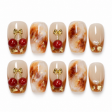 (Handmade) 10pcs/Set Amber Marble Nails with 3D Cherries Press-On Nails