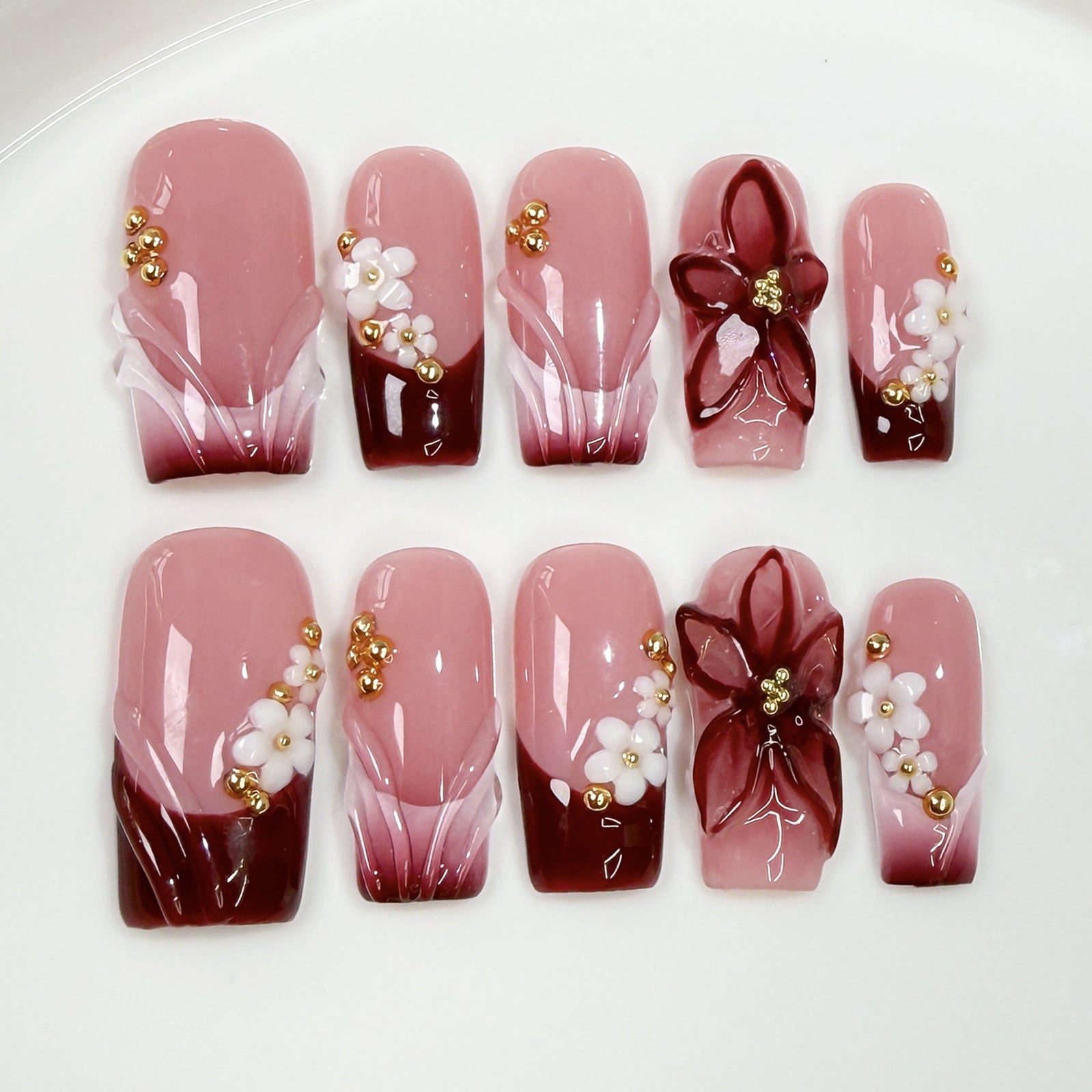 (Handmade) 10pcs/Set 3D Sculpted Brown French Press-On Nails