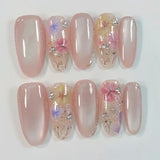 (Handmade) 10pcs/Set Icy Translucent Cat Eye Flowers Press-On Nails
