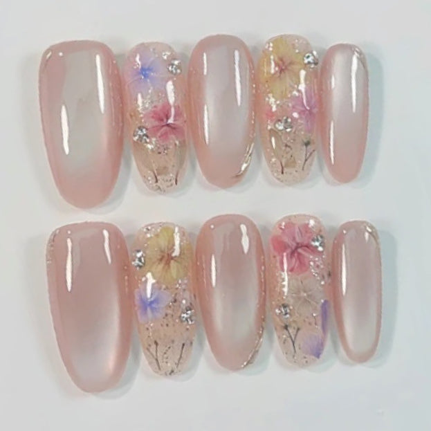 (Handmade) 10pcs/Set Icy Translucent Cat Eye Flowers Press-On Nails