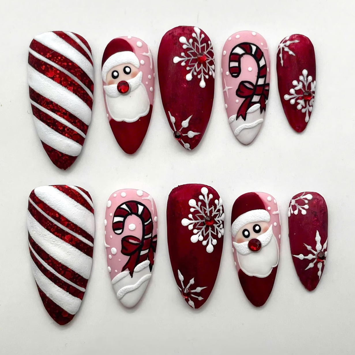 (Handmade) 10pcs/Set Handpainted Merry Christmas Red Press On Nails