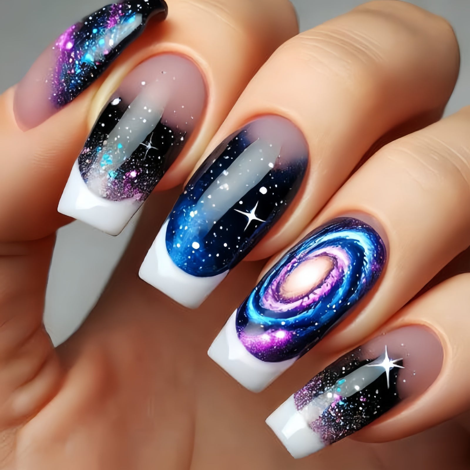 24pcs/Set Blue Galaxy Starry Sky Press-On Nails