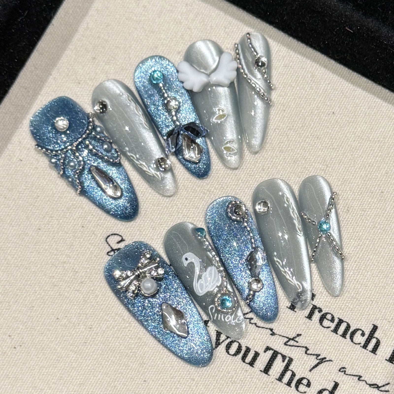 10pcs/Set Blue Swan Lake Angel Wings Press-On Nails