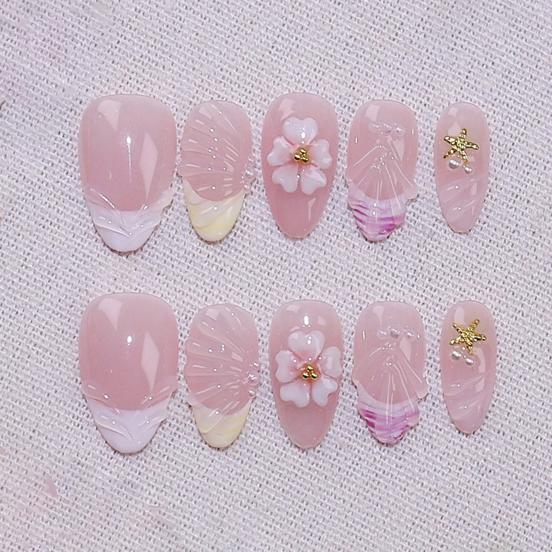 (Handmade) 10pcs/Set Sheer 3D Floral Press-On Nails