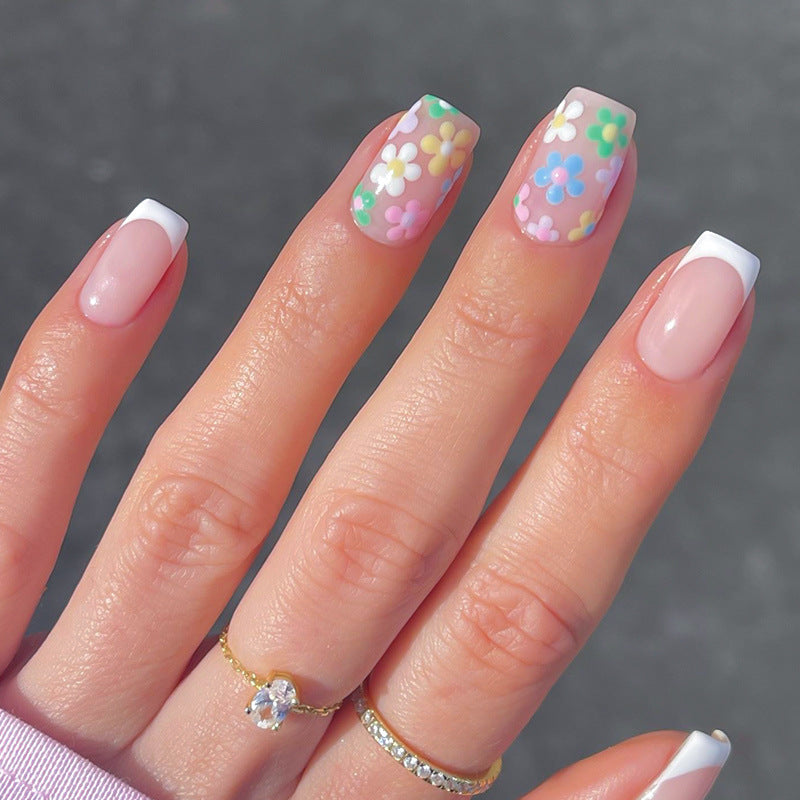 24pcs/Set White French Tip with Multicolor Small Flowers Press-On Nails