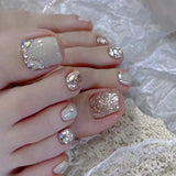 24pcs/Set Champagne Sparkling Heart Diamond Press On Toe Nails