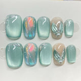 (Handmade) 10pcs/Set Teal Cat Eye Press-On Nails