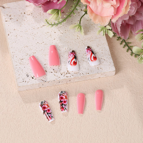 24pcs/Set Pink and Red Flamingo with Flowers Press-On Nails