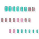 24pcs/Set Mint Green & Pink Color-Block Floral Press-On Nails