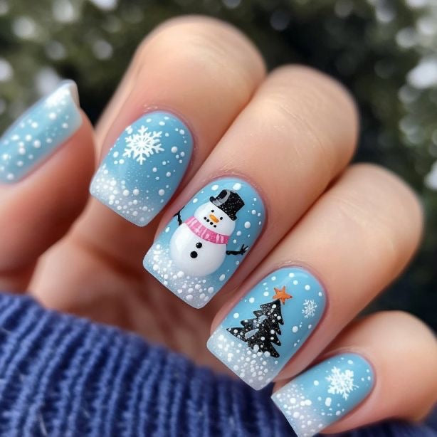 24pcs/Set Blue Snowman, Snowflake & Christmas Tree Press-On Nails