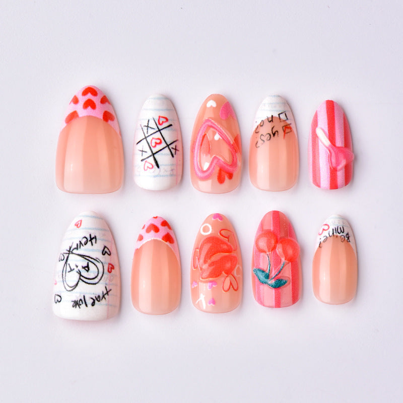 24pcs/Set 3D Strawberry Heart & Lips French Short Almond Press-On Nails