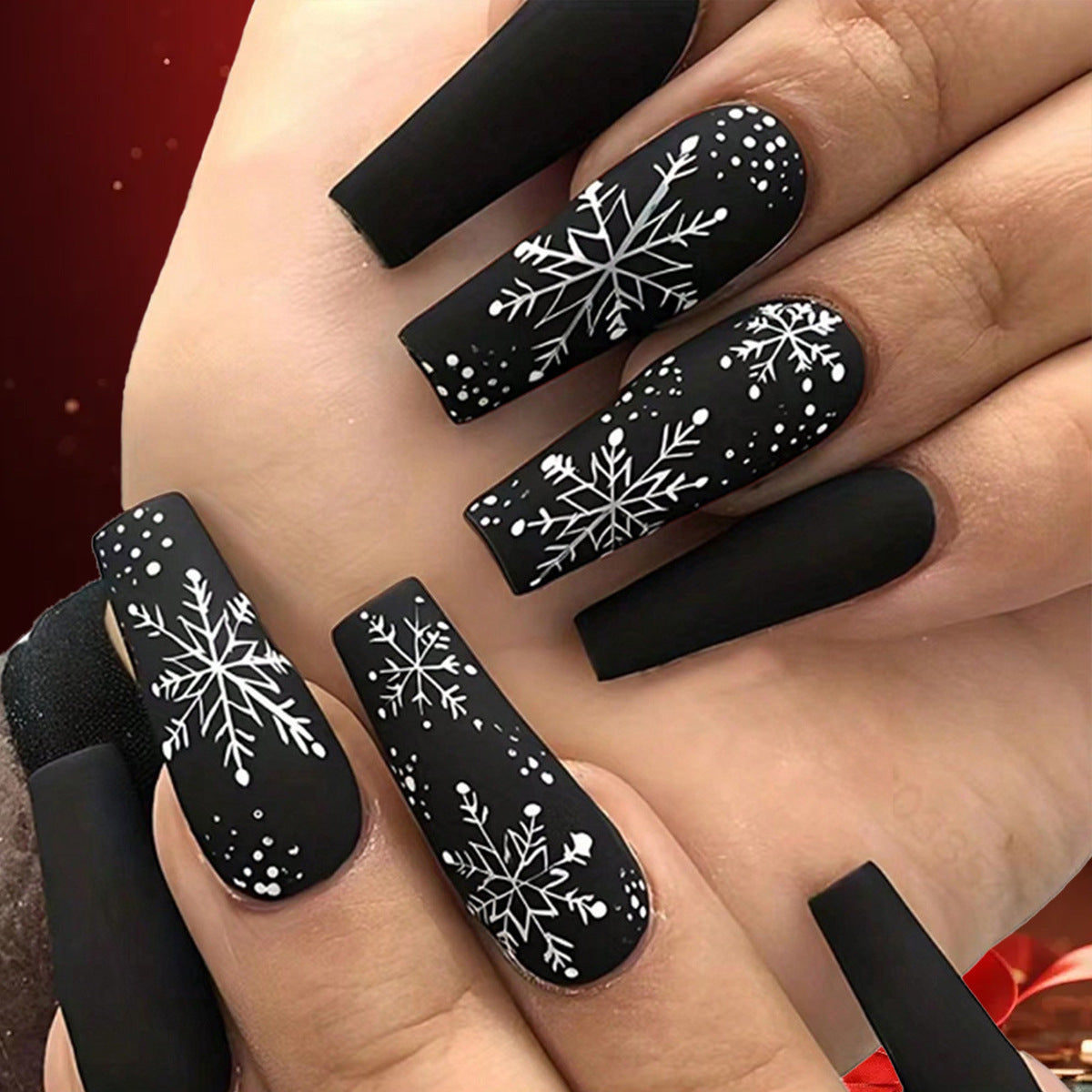 24pcs/Set Black Snow Flake Christmas Press-On Nails