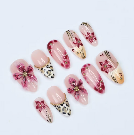 (Handmade) 10pcs/Set Pink Flower Shell Leopard Press-On Nails