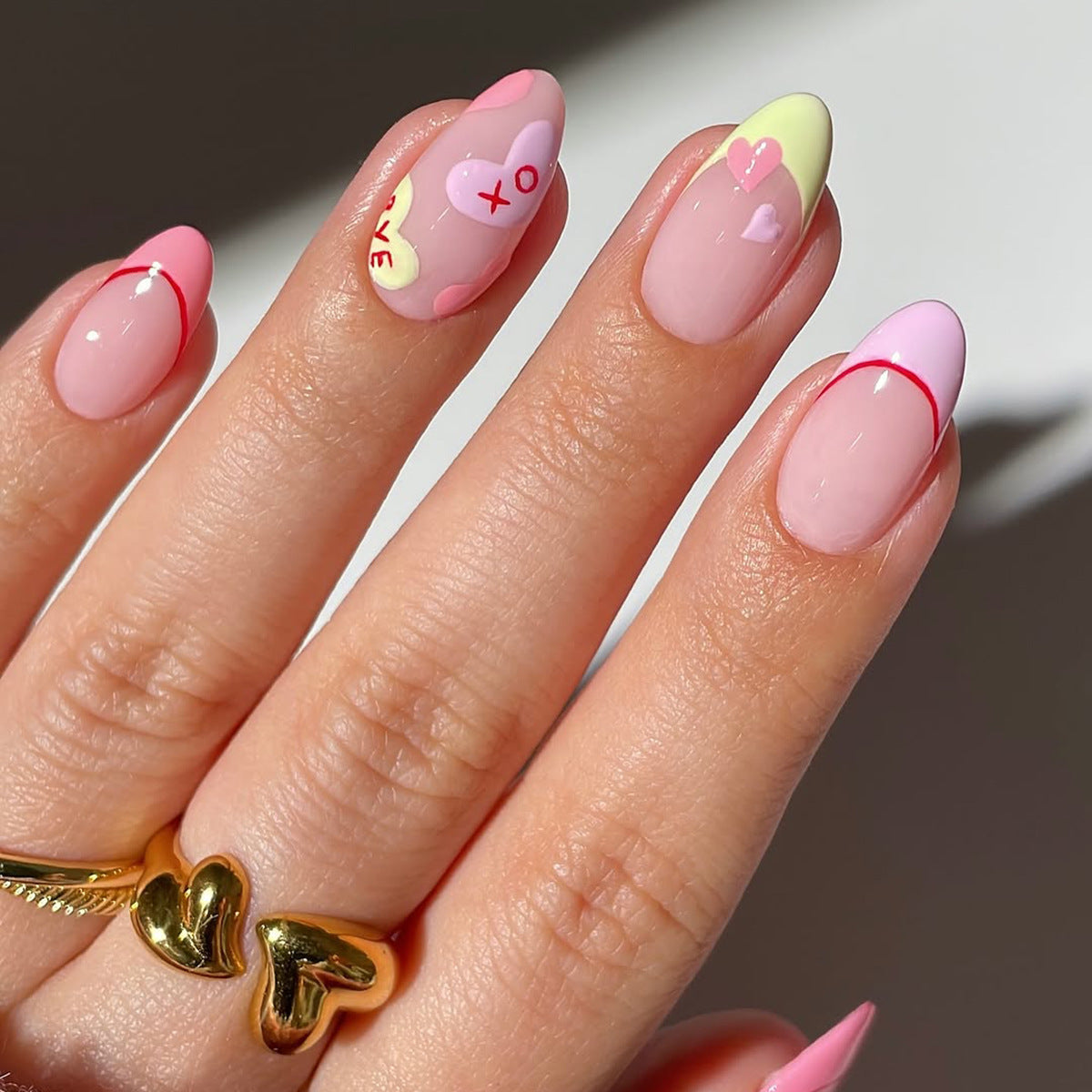 24pcs/Set Pink French Heart Stripe Minimalist Press On Nails