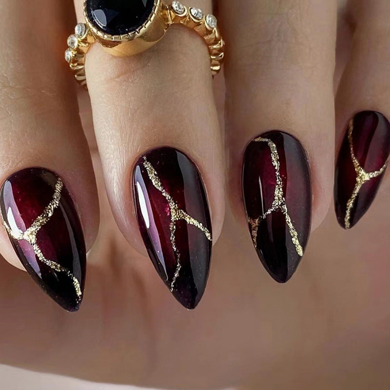 24pcs/Set Gold Glitter Stone Pattern Dark Red Press-On Nails