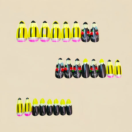 24pcs/Set Black & Yellow Color-Block Cherry Pencil Press-On Nails