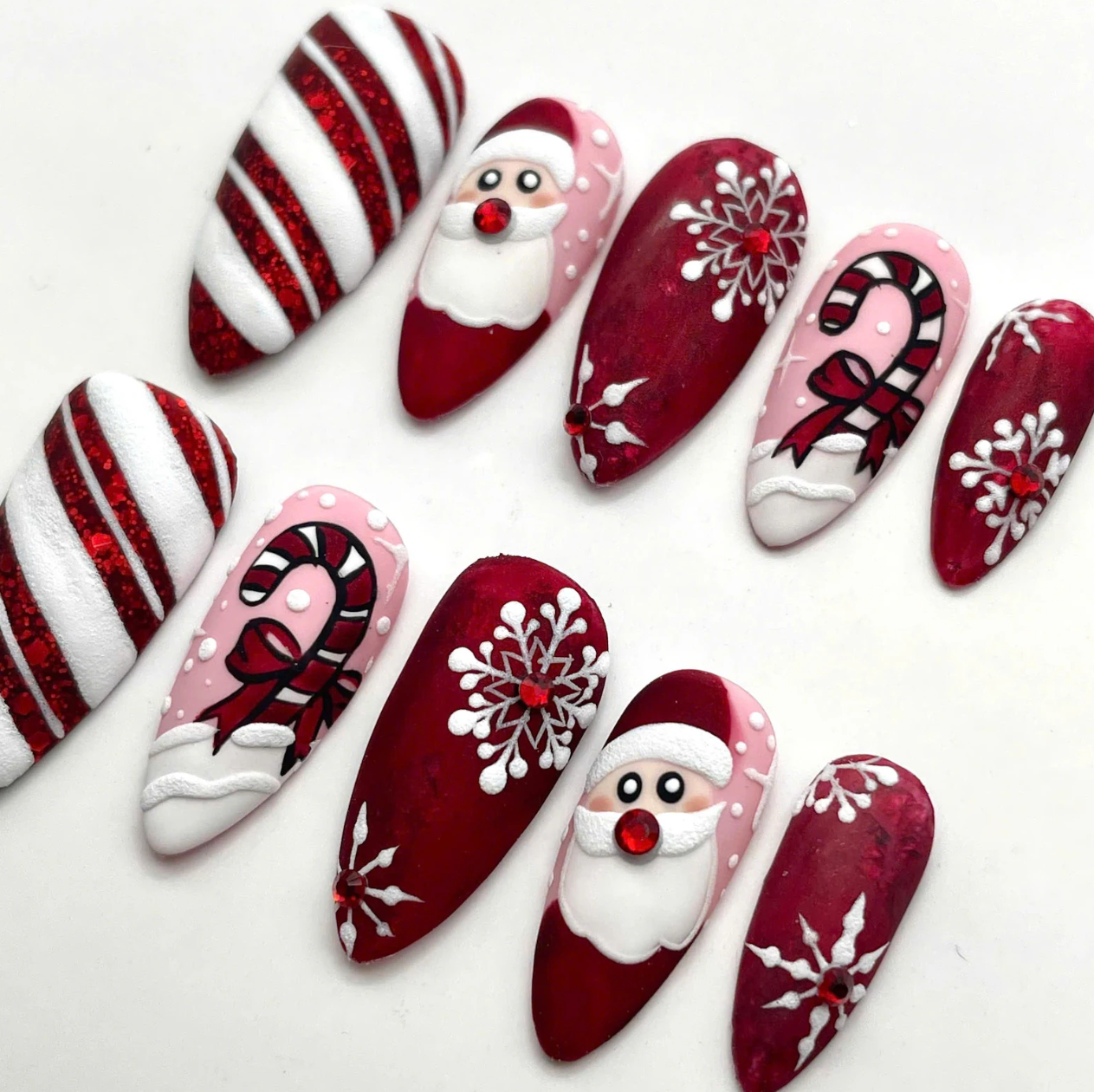 (Handmade) 10pcs/Set Handpainted Merry Christmas Red Press On Nails