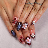 (Handmade) 10pcs/Set Deep Red & Brown French with 3D Floral Press-On Nails