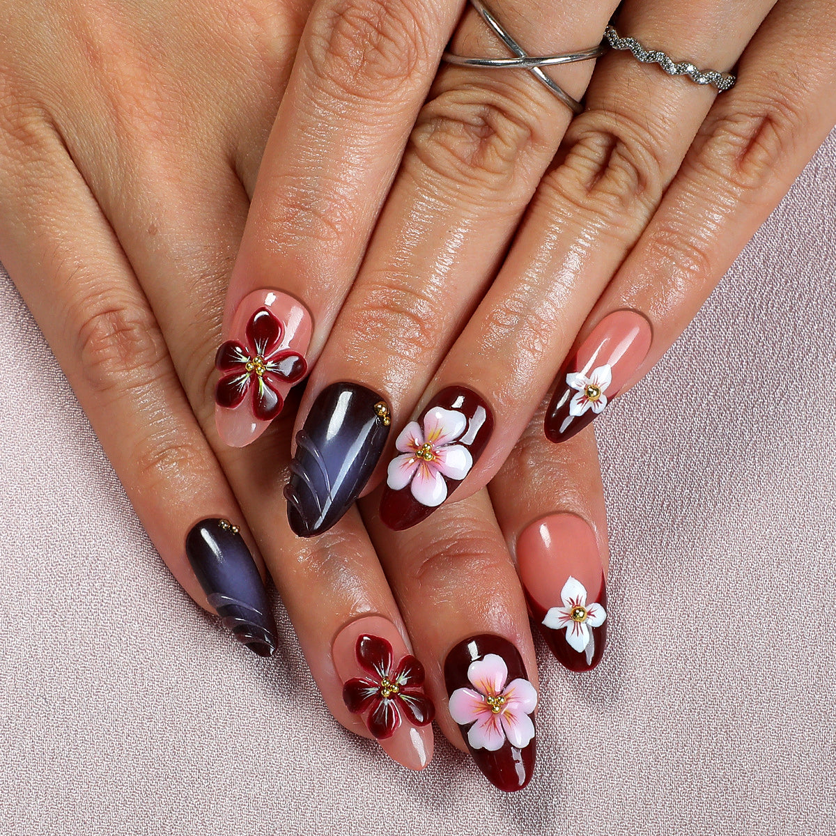 (Handmade) 10pcs/Set Deep Red & Brown French with 3D Floral Press-On Nails